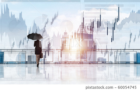 Elegant businesswoman standing with back and looking at modern business cityscape. Mixed media Elegant businesswoman standing with back and looking at modern business cityscape. Mixed media 60054745
