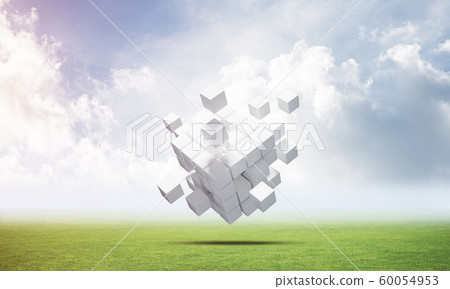 Abstract flying white cubes on green meadow Abstract flying white cubes on green meadow 60054953