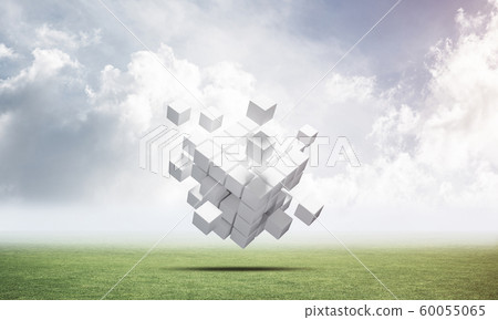 Abstract flying white cubes on green meadow Abstract flying white cubes on green meadow 60055065