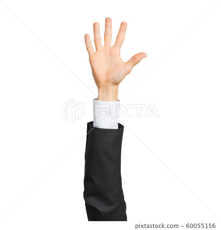 Businessman hand in suit showing open palm gesture 60055156