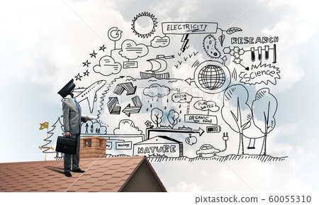 Concept of home security and privacy protection with camera headed man Concept of home security and privacy protection with camera headed man 60055310