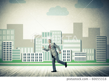 King businessman in elegant suit running and cityscape silhouette at background 60055318