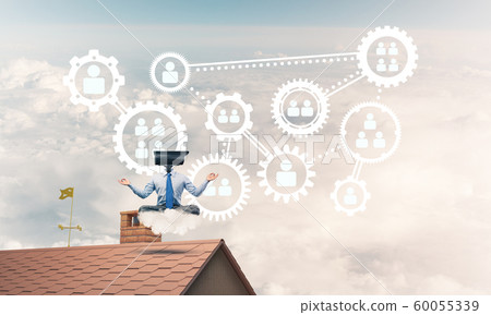 Concept of security and privacy protection with camera headed man meditating Concept of security and privacy protection with camera headed man meditating 60055339