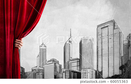 Drawn modern cityscape behind drapery curtain and hand opening it Drawn modern cityscape behind drapery curtain and hand opening it 60055363