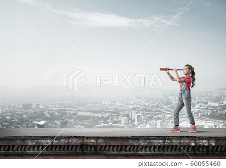 Concept of careless happy childhood with girl exploring this world Concept of careless happy childhood with girl exploring this world 60055460
