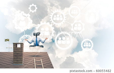 Concept of security and privacy protection with camera headed man meditating Concept of security and privacy protection with camera headed man meditating 60055482