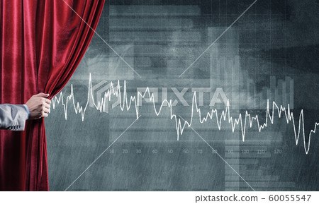 Graphs and diagrams behind drapery curtain and hand opening it 60055547