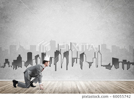 King businessman in elegant suit running and drawn cityscape silhouette at background King businessman in elegant suit running and drawn cityscape silhouette at background 60055742