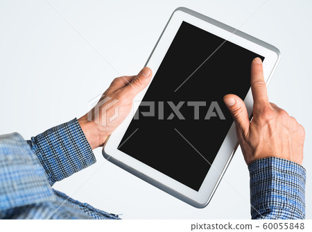 Hands of businessman holding tablet pc with black screen Hands of businessman holding tablet pc with black screen 60055848