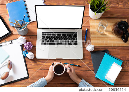 Woman freelancer working at computer. Woman freelancer working at computer. 60056234
