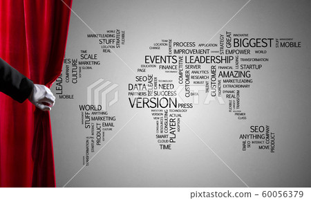 World map behind drapery curtain and hand opening it World map behind drapery curtain and hand opening it 60056379