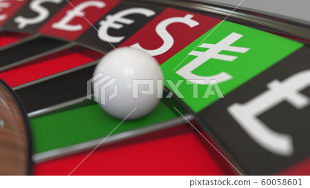 Ball in Turkish Lira sign pocket on casino roulette wheel. Conceptual 3D rendering 60058601