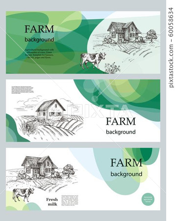 Cow and village house. Set of agricultural horizontal banners. An example of a backdrop for cattle farm. 60058634