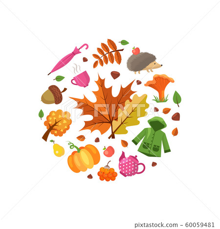 Vector cartoon autumn elements and leaves in circle shape illustration Vector cartoon autumn elements and leaves in circle shape illustration 60059481