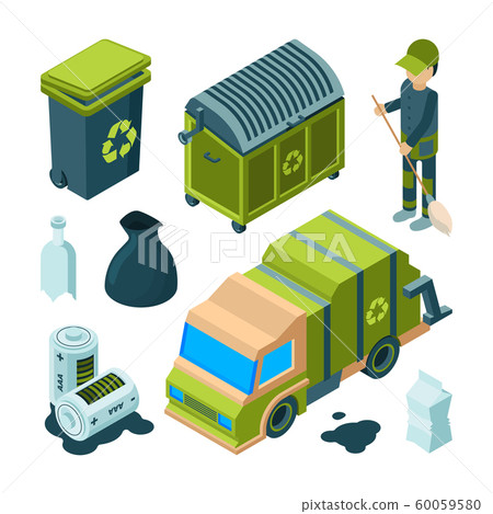 Garbage recycling isometric. City cleaning service truck urban incinerator utility bin with waste vector 3d collection 60059580