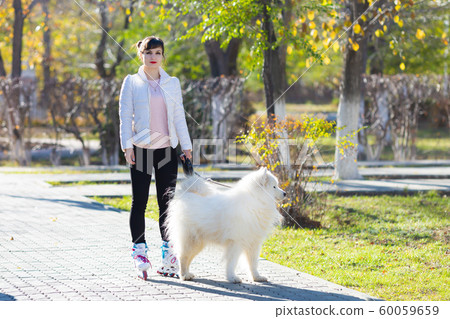 Girl learns to skate walking with a dog. 60059659
