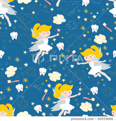 Tooth fairy seamless vector pattern. Cute fairies with wand on blue background with teeth Tooth fairy seamless vector pattern. Cute fairies with wand on blue background with teeth 60059666