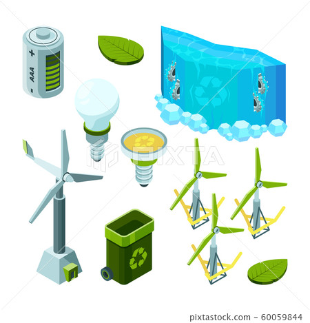 Green saving energy. Hydro power turbines ecosystem waste technology vector isometric illustrations 60059844