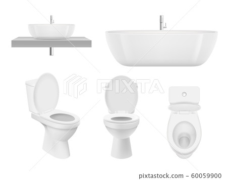 Realistic bathroom collection. Toilet, washing cabinet bowl bathroom sink clean white for fresh washroom basin. Vector pictures 60059900