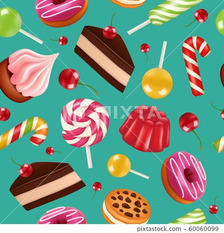Sweets seamless pattern. Candy cupcake holiday lollipops and cream cake with cherry fruits vector colorful pattern Sweets seamless pattern. Candy cupcake holiday lollipops and cream cake with cherry fruits vector colorful pattern 60060099