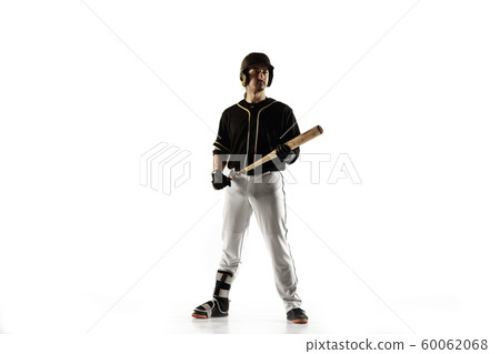 Baseball player, pitcher in a black uniform practicing on a white background. Baseball player, pitcher in a black uniform practicing on a white background. 60062068