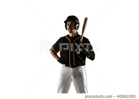 Baseball player, pitcher in a black uniform practicing on a white background. Baseball player, pitcher in a black uniform practicing on a white background. 60062085