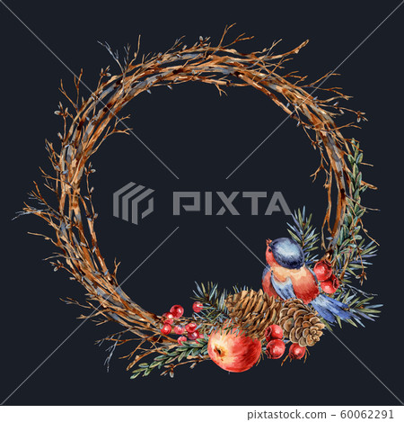 Watercolor Christmas natural wreath of fir 60062291