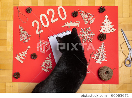 Curious black cat is standing atop festive christmas mockup with red background and looking to it. Funny composition. Flat lay, top view. Curious black cat is standing atop festive christmas mockup with red background and looking to it. Funny composition. Flat lay, top view. 60065671