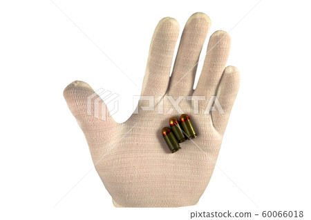 Hand in white glove holds three bullets on an open 60066018