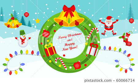 Christmas wreath on the door of coniferous branches for holiday decorations. 60066714