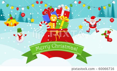 Santa Claus sack with gifts. Bright Christmas card. Santa Claus sack with gifts. Bright Christmas card. 60066716