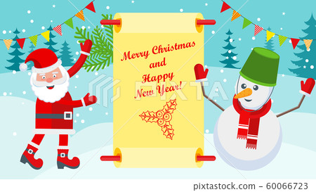 Bright Christmas card with characters for holiday decorations. Bright Christmas card with characters for holiday decorations. 60066723