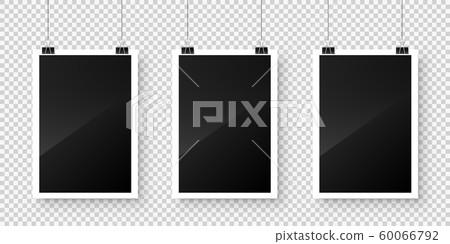 Photo card frame, film hanging on paper clips with transparent background. Digital snapshot image Photo card frame, film hanging on paper clips with transparent background. Digital snapshot image 60066792