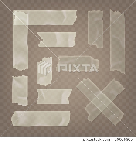 Realistic transparent adhesive tape set. Sticky scotch, duct paper strips on checkered background Realistic transparent adhesive tape set. Sticky scotch, duct paper strips on checkered background 60066800