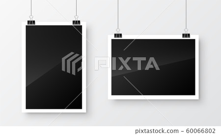 Photo card frame, film hanging on paper clips. Digital snapshot image. Photography art. Photograph 60066802