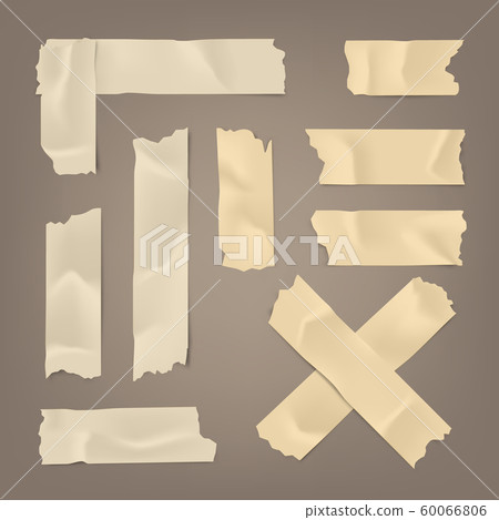 Realistic adhesive tape set. Sticky scotch, duct paper strips on brown background. Vector Realistic adhesive tape set. Sticky scotch, duct paper strips on brown background. Vector 60066806