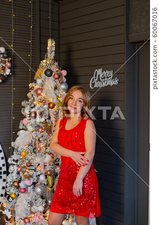 Beautiful happy woman in new year decor. New Year Beautiful happy woman in new year decor. New Year 60067016