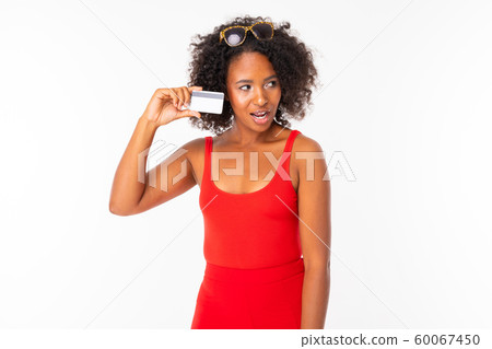 African female with plastic card, picture isolated on white background 60067450