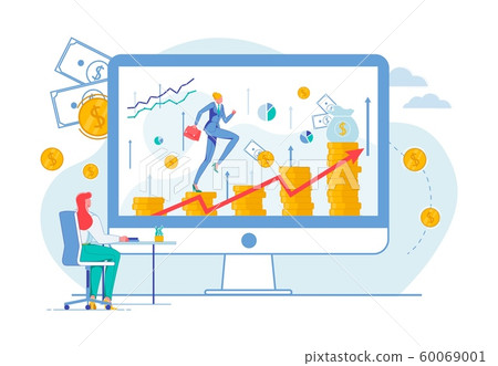 Woman Climbing Coins, Achieving Success at Work. 60069001