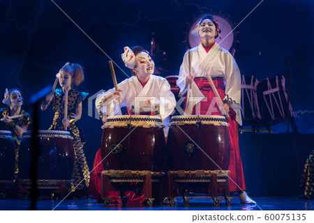 Traditional Japanese performance. Group of