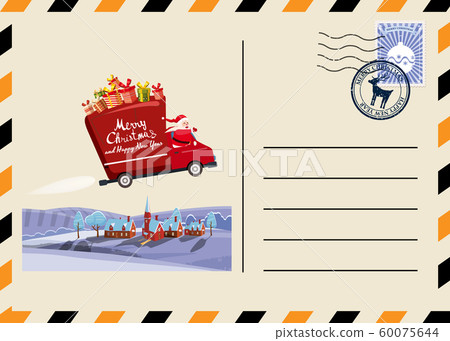 Christmas and New Year Postcard with stamps and mark. Van flies through the night sky above the Earth Santa Claus as the driver delivering gifts. Flat cartoon style vector illustration greeting card 60075644