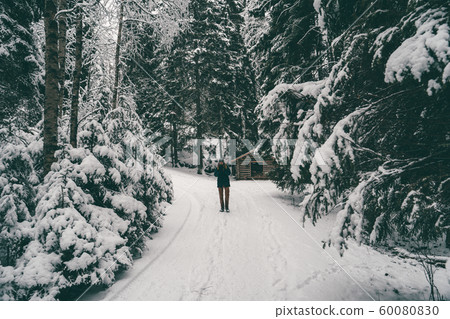 Image from afar of man tourist walking in winter forest 60080830