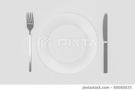 Empty plate, fork and knife - isolated over white 3d render illustration 60080835
