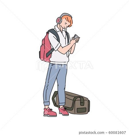 Traveler man with bags waits for transport, sketch vector illustration isolated. 60081607