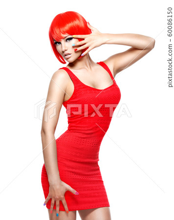 Full portrait of a beautiful  girl in red bright 60086150