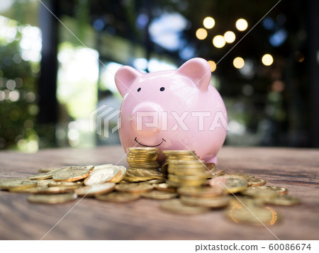 Pink piggy bank with .gold coins pile, Saving money for future investment plan and retirement fund concept Pink piggy bank with .gold coins pile, Saving money for future investment plan and retirement fund concept 60086674