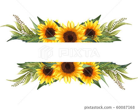 Watercolor floral wreath with sunflowers,leaves, foliage, branches, fern leaves and place for your text. Perfect for wedding, invitations, greeting cards, print. Angled autumn’s sunflowers frame. Watercolor floral wreath with sunflowers,leaves, foliage, branches, fern leaves and place for your text. Perfect for wedding, invitations, greeting cards, print. Angled autumn’s sunflowers frame. 60087168