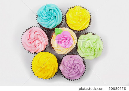 Overhead Cupcakes Cup Cakes With Colorful Icing or Frosting 60089658