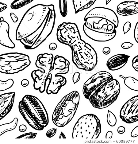 Nuts seamless pattern. Seeds and granule, corn and grain. Hazelnut, Walnut, Almonds. Food concept Nuts seamless pattern. Seeds and granule, corn and grain. Hazelnut, Walnut, Almonds. Food concept 60089777