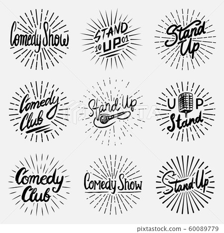 Lettering Stand Up set. Calligraphic text comedy show. Engraved hand drawn in old vintage sketch Lettering Stand Up set. Calligraphic text comedy show. Engraved hand drawn in old vintage sketch 60089779